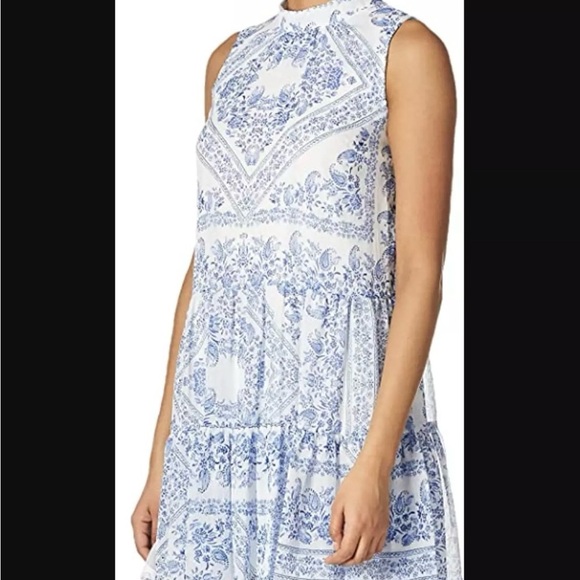 Calvin Klein blue and white drop waist tiered dress. Delft blue. Halter with tie - Picture 2 of 14